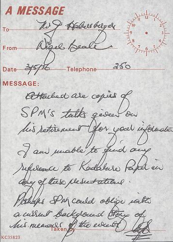 Note - Kodak Australasia Pty Ltd, From Nigel Beale to Mr J Habersberger Regarding Attached Copies of Speech by S.P Middleton, Coburg, 3 May 1976