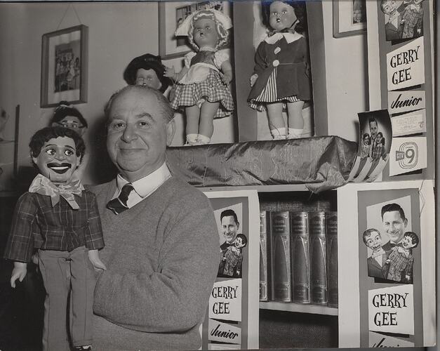 Photograph - L. J. Sterne Doll Co., Leo Sterne with Gerry Gee Doll & Gerry Gee Junior Merchandise