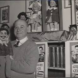 Photograph - L. J. Sterne Doll Co., Leo Sterne with Gerry Gee Doll & Gerry Gee Junior Merchandise, Melbourne, 31 Oct 1958