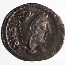 Round coin, aged, female profile facing right, wearing headdress.