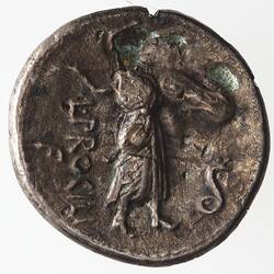 Round coin, aged, figure facing right, with one arm outstretched.