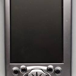 Silver 'Compaq' pocket PC, front view.