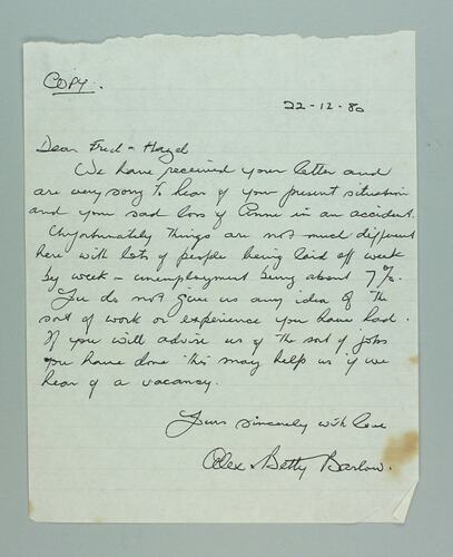 Letter - To Fred & Hazel from Alex & Betty Barlow, East Malvern, 22 Dec 1980