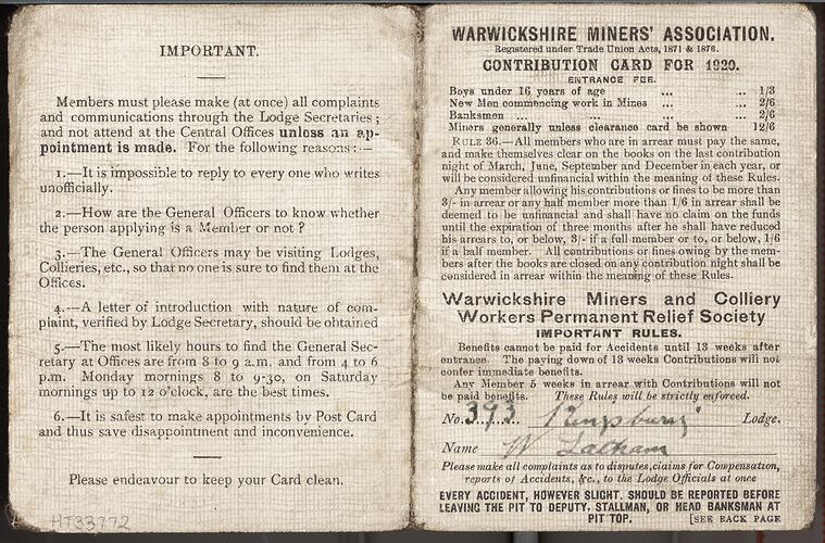 Contribution Card - William Latham, Warwickshire Miners' Association, England, 1920