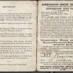 Contribution Card - William Latham, Warwickshire Miners' Association, England, 1920