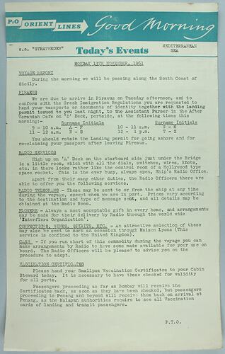 Information Sheet - P&O SS Stratheden, 'Today's Events', Mediterranean Sea, 13 Nov 1961