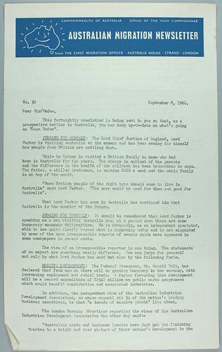 Newsletter - 'Australian Migration Newsletter', 8 Sep 1961