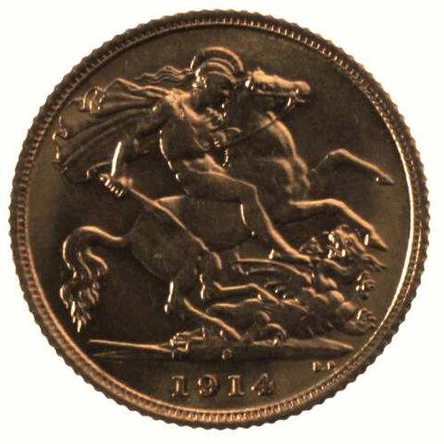 Coin - Half Sovereign, New South Wales, Australia, 1914, photographed by Museums Victoria