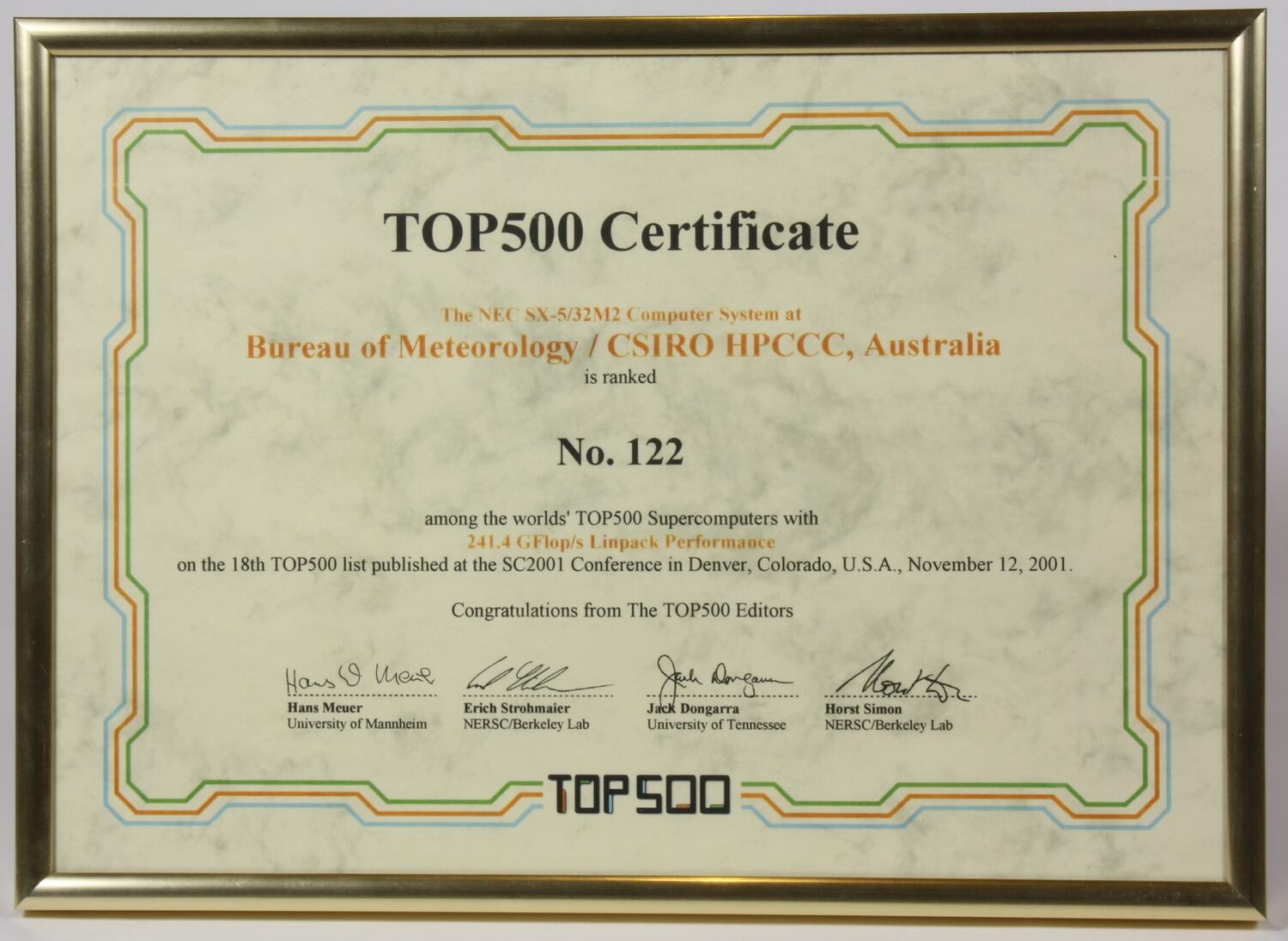 Certificate 'Top 500', Bureau of Meteorology & CSIRO, High