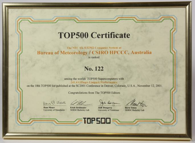 Top 500 Certificate - High Performance Computing and Communications Centre, 1997