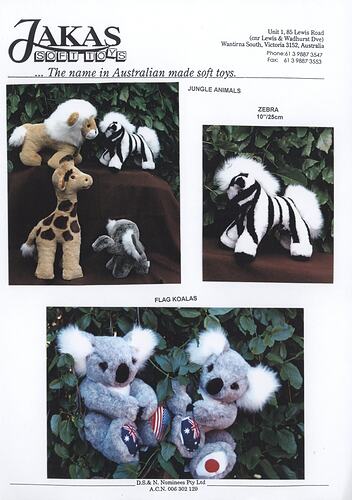 Advertising flyer - Jakas Soft Toys, Animal Soft Toys, Melbourne, circa 1998