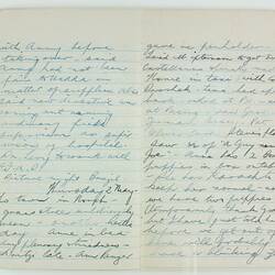 Open book, 2 cream pages dated Thursday 2 May. Cursive handwritten text in blue/black ink. Page 58 and 59.
