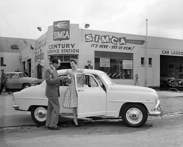 Century Service Station, Couple with Car, Richmond, Victoria, 30 May 1959