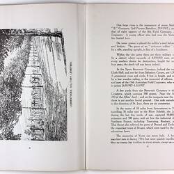 Open book page with illustration of multiple graves on right page and printed text on left page.