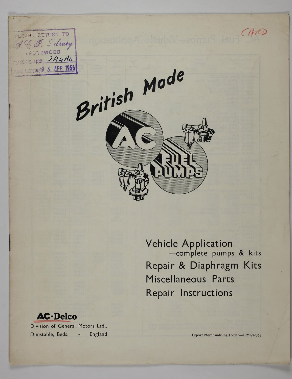 Parts Catalogue ACDelco, Automotive Fuel Pump Components, circa 1953