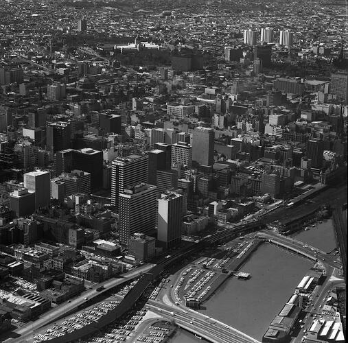 Monochrome aerial photograph of Melbourne.