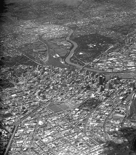 Monochrome aerial photograph of Melbourne.