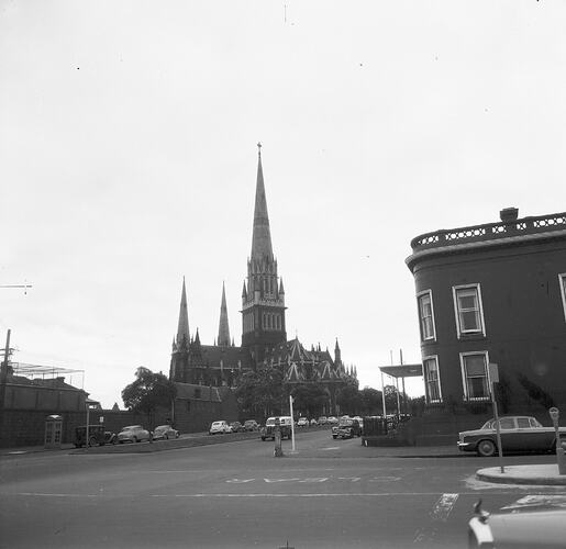Monochrome photograph of St Patrick's Cathedral.