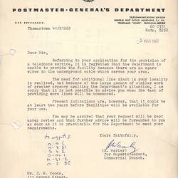 Letter - Postmaster-General's Department, John Woods, Lalor, 5 Mar 1962