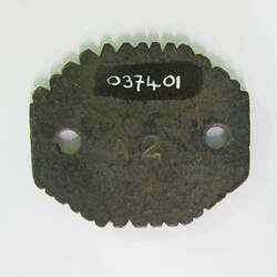 Hexagonal green tag with notches around edge and stamped inscription.