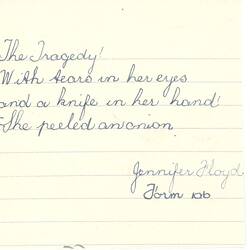 Document - Jennifer Floyd, Addressed to Dorothy Howard, Transcription of Riddle 'The Tragedy', 1954-1955