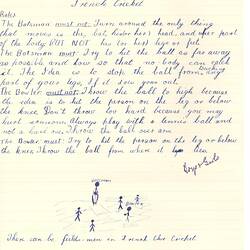 Document - Carolyn Eyles, Addressed to Dorothy Howard, Descriptions of Ball Games 'French Cricket' & 'Hand Tennis', Oct 1954