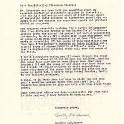 Letter - Dorothy Howard, to Participating Classroom Teacher, Request for Assistance with Research Project, 1954-55
