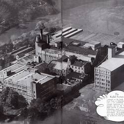 Double page photograph of factory aerial view.