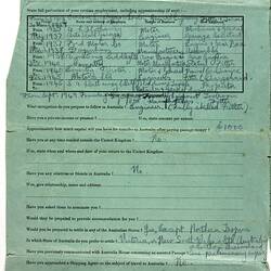 Application Form - Assisted Passage, Hathaway Family, Dept of Immigration, Australia House London, circa 1950
