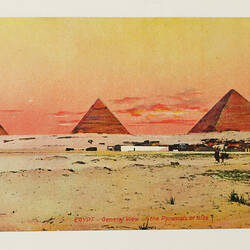 Coloured postcard with Egyptian pyramids.