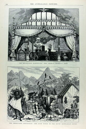 Print - 'The German Imperial Tent' & 'The Bush Scene in the South Australian Court', Australasian Sketcher, 1880