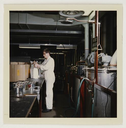 Slide 282J, 'Extra Prints of Coburg Lecture', Worker Preparing Solutions in Recirculation Area, Building 20, Kodak Factory, Coburg, circa 1960s