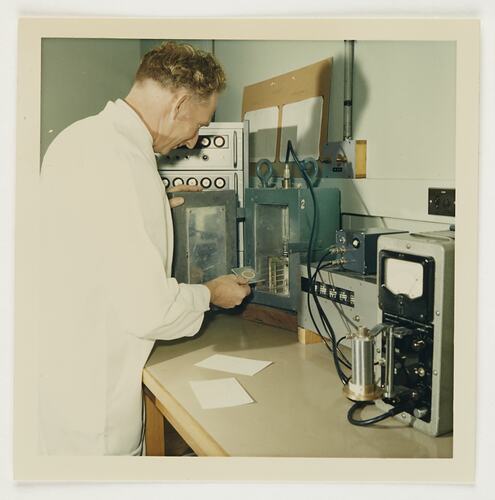 Slide 325, 'Extra Prints of Coburg Lecture', Chemist with Test Sample, Kodak Factory, Coburg, circa 1960s