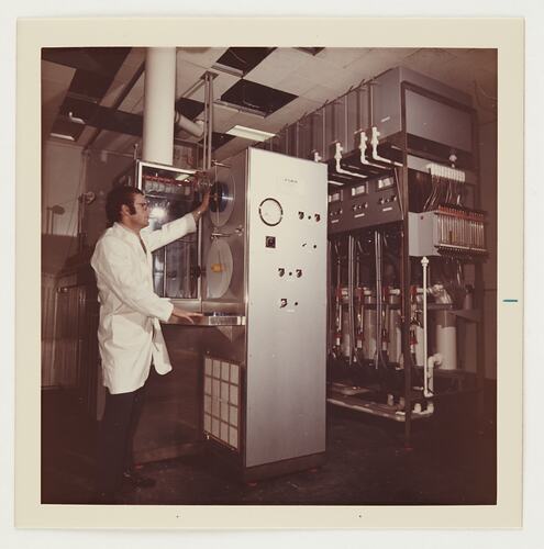 Slide 510, 'Extra Prints of Coburg Lecture', Worker Adjusting Film Processing Flow Raters, Kodak Factory, Coburg, circa 1960s