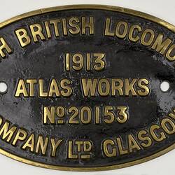 Locomotive Builders Plate - North British Locomotive Co., Glasgow, Scotland, 1913