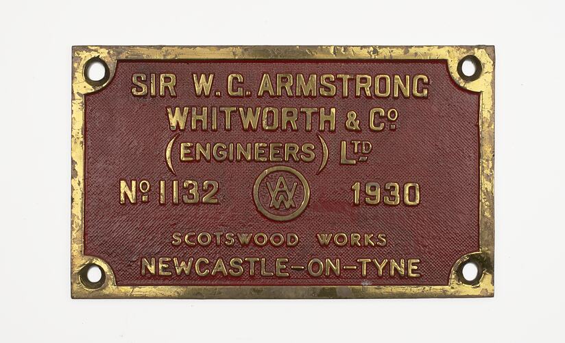 Locomotive Builders Plate - Sir W.G. Armstrong Whitworth & Co., 1930