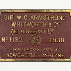 Locomotive Builders Plate - Sir W.G. Armstrong Whitworth & Co., Newcastle-on-Tyne, 1930