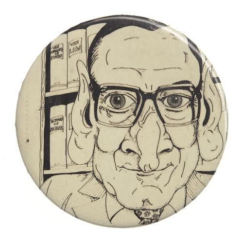 Badge-Cartoon of David Derham, Melbourne, 1980-1985