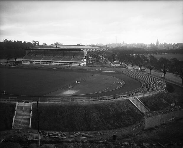 Construction of Velodrome, Olympic Park, Melbourne, Victoria, 1956