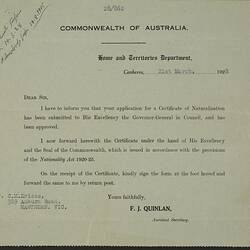 Letter - Naturalisation Notification, Dr Constantine Kyriazopoulos, Commonwealth of Australia, 21 Mar 928