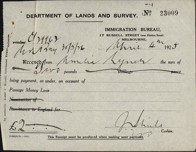 Receipt - Loan Repayment, Department of Lands and Survey, Immigration Bureau, Melbourne 4 Apr1925