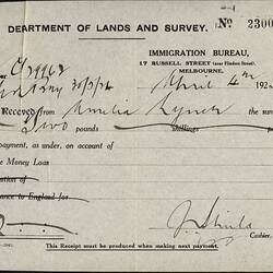 Receipt - Loan Repayment, Amelia Lynch, Department of Lands and Survey, Immigration Bureau, Melbourne 4 Apr1925