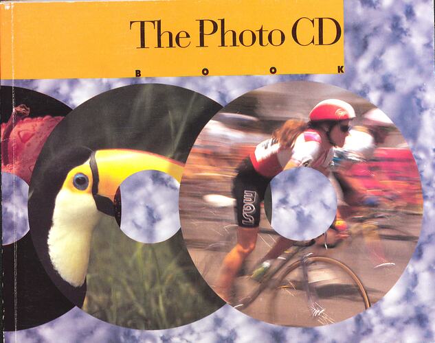Cover page with black text above three disc-shaped images including a bird and cyclist.