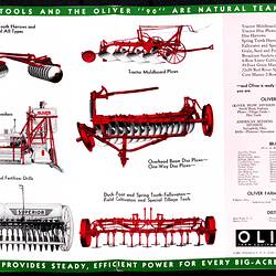 Tractor attachments and text. Red, black and green printing.