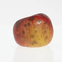 Wax model of an apple painted red and yellow. Has brown round spots.