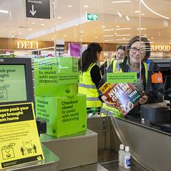 Checkout Cashier Behind Sneeze Screen with Social Distancing Signage, Woolworths, Blackburn South, 18 May 2020