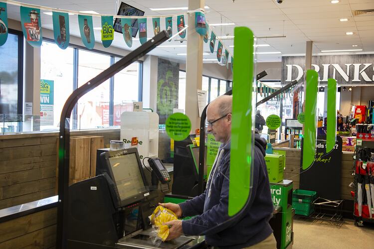 Rodney Start Using Self-Serve Checkout with Sneeze Screen, Woolworths, Blackburn South, May 2020