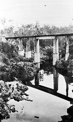 [Rail bridge over the Nowa Nowa River, circa 1920.]