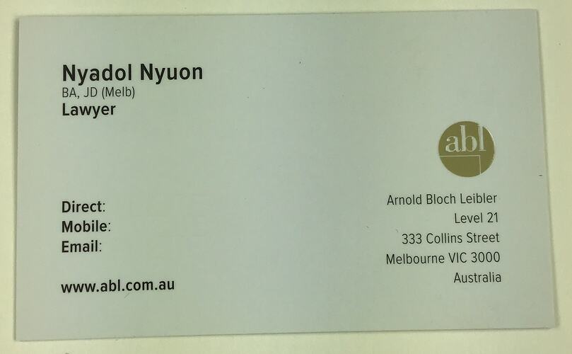 Business Card - Nyadol Nyuon, Arnold Bloch Leibler Law Firm, Melbourne (grey logo), circa 2016