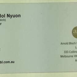 Business Card - Nyadol Nyuon, Arnold Bloch Leibler Law Firm, Melbourne (grey logo), circa 2016